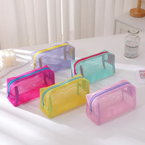 Women Mesh Pencil Case Portable Large Capacity Makeup Storage Bag Breathable Grid Zippered Macaron Color Students Kids Stationery Bag
