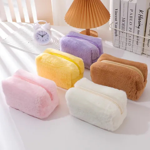 Sweet Candy Color Soft Plush Pencil Case For Girls Portable Macaron Fluffy Cosmetic Bag Travel Toiletry Storage Pouch