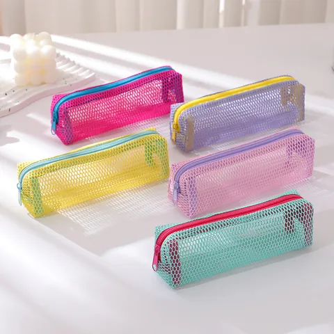 Portable Mesh Pencil Case Transparent Makeup Storage Bag With Contrast Color Zipper School Office Stationery Organizer Case