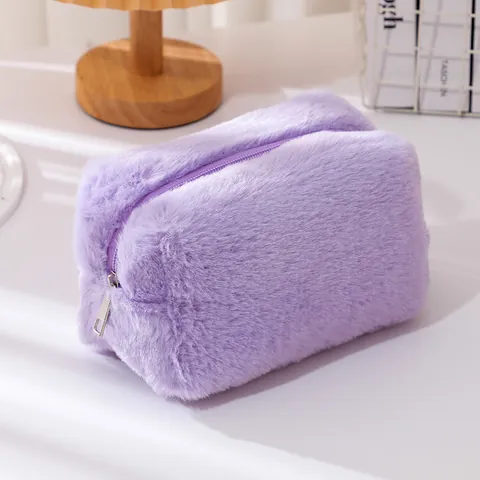 Sweet Candy Color Soft Plush Pencil Case For Girls Portable Macaron Fluffy Cosmetic Bag Travel Toiletry Storage Pouch
