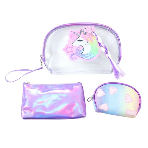 Unicorn Transparent PVC Cosmetic Bag Holographic Laser Pouch And Heart Print Toiletry Bag For Women Girls Travel Storage