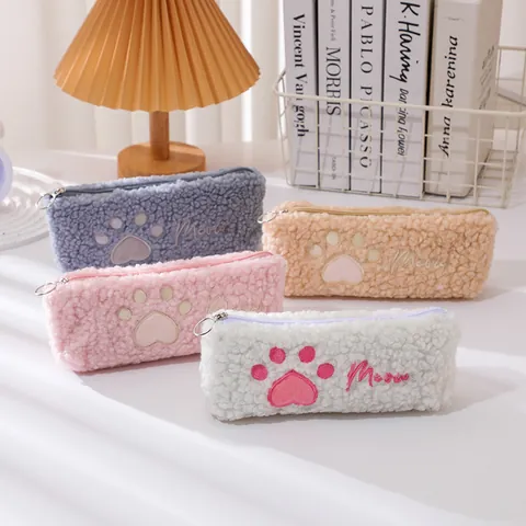 Astuccio in Peluche a Zampa di Gatto per Ragazze Morbido Astuccio per Cancelleria Borsa per Trucco Con Ricamo Meow Chiusura a Cerniera Regalo