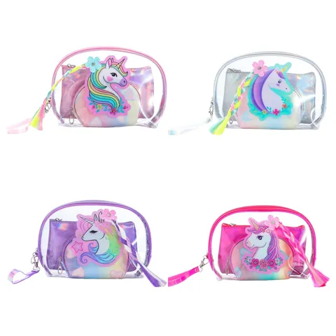 Unicorn Transparent PVC Cosmetic Bag Holographic Laser Pouch And Heart Print Toiletry Bag For Women Girls Travel Storage