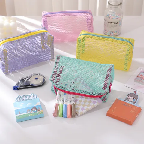 Women Mesh Pencil Case Portable Large Capacity Makeup Storage Bag Breathable Grid Zippered Macaron Color Students Kids Stationery Bag
