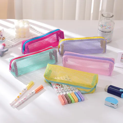 Portable Mesh Pencil Case Transparent Makeup Storage Bag With Contrast Color Zipper School Office Stationery Organizer Case