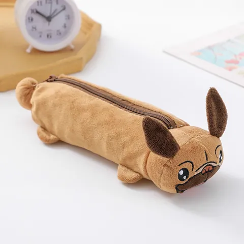 Simpatico Astuccio in Peluche a Forma di Carlino Marrone Cartone Animato Forma Animale Con Cerniera Borsa Porta Cancelleria