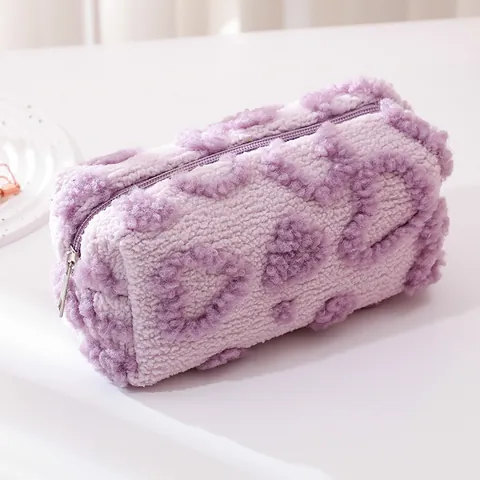 Grote Capaciteit Hartpatroon Pluche Pennenzak Schattig Sherpa Fleece Cosmeticatas Draagbare Reis Organizer Voor School Meisjes