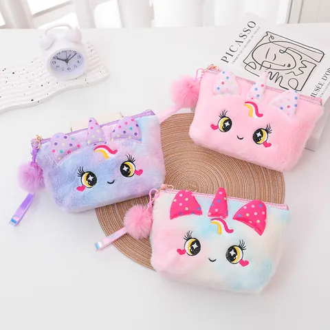 Simpatico Astuccio in Peluche a Forma di Unicorno Cartone Animato Borsa da Trucco Grande Capacità Pochette da Viaggio per Studenti