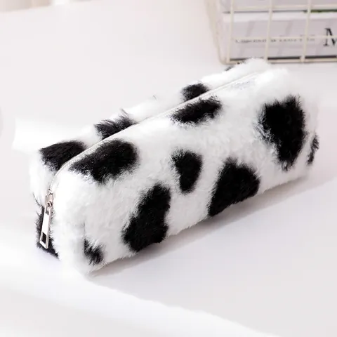 Simpatico Astuccio in Peluche per Ragazze Motivo Mucca Cuore Astuccio per Trucco con Cerniera Borsa per Cancelleria Studenti Scuola Ufficio