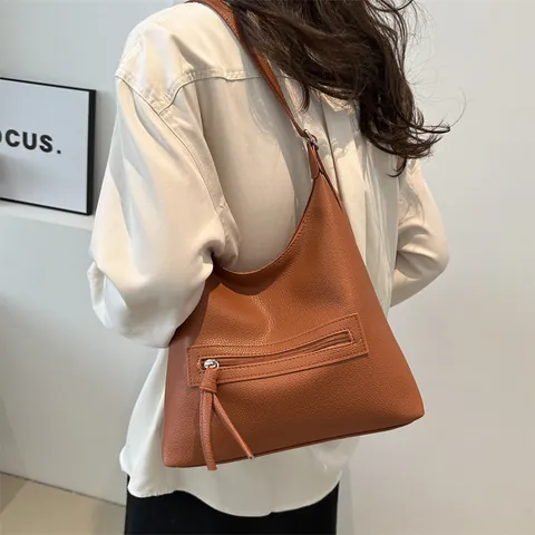 Borsa Tote Vintage da Donna in Pelle PU Grande Capacità Grana Litchi Moda Borsa a Tracolla Versatile Con Tasca Frontale a Cerniera per Pendolare