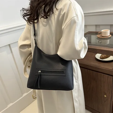 Borsa Tote Vintage da Donna in Pelle PU Grande Capacità Grana Litchi Moda Borsa a Tracolla Versatile Con Tasca Frontale a Cerniera per Pendolare
