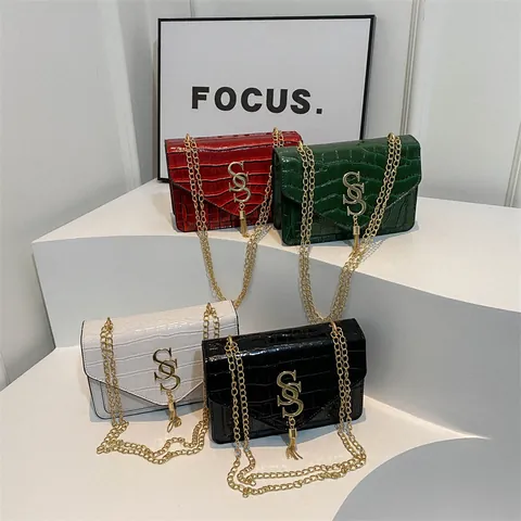 Elegante Dames Krokodillenpatroon PU Leer Kleine Vierkante Tas Gouden Ketting Riem Kwastje Mode Schoudertas Crossbody