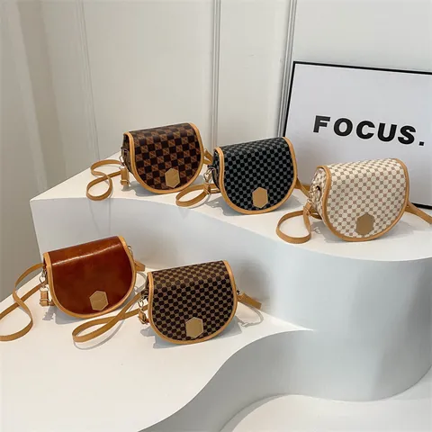 Bolso Bandolera de Silla de Cuero PU Vintage para Mujer Retro Monograma Patrón de Cuadros Pequeño Bolso de Hombro Cuadrado Redondo Moda Diaria