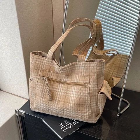 Bolso Tote de Lona a Cuadros de Moda para Mujer Gran Capacidad Bolso de Hombro a Cuadros Con Múltiples Bolsillos Casual Urbano