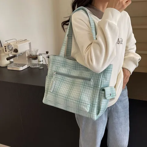 Bolso Tote de Lona a Cuadros de Moda para Mujer Gran Capacidad Bolso de Hombro a Cuadros Con Múltiples Bolsillos Casual Urbano