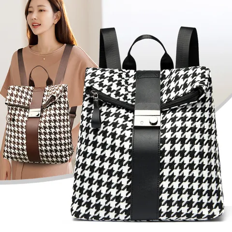 Mochila de Moda para Mujer Pata de Gallo Vintage Cuero PU Patchwork Mochila de Viaje Gran Capacidad con Cierre de Bloqueo de Metal