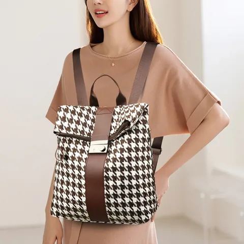 Mochila de Moda para Mujer Pata de Gallo Vintage Cuero PU Patchwork Mochila de Viaje Gran Capacidad con Cierre de Bloqueo de Metal