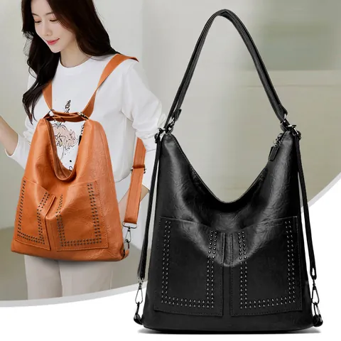 Dames Schoudertas Vintage PU Leer Klinknagel Grote Capaciteit Multifunctionele Rugzak Hobo Tas Voorzakken Dagelijkse Handtas