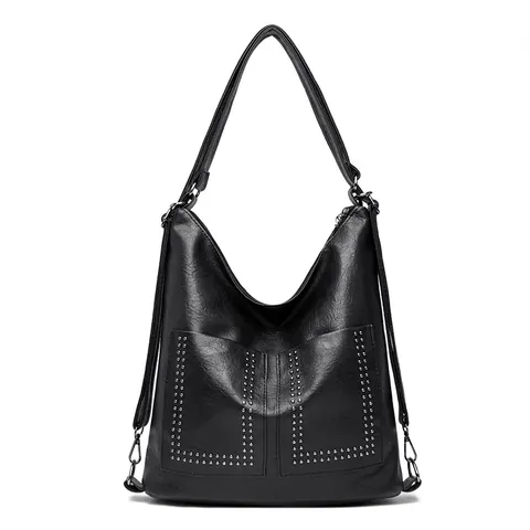 Dames Schoudertas Vintage PU Leer Klinknagel Grote Capaciteit Multifunctionele Rugzak Hobo Tas Voorzakken Dagelijkse Handtas