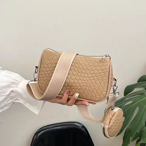 Fashion Woven PU Leather Dumpling Bag For Women Small Shoulder Crossbody Bag With Mini Round Pouch And Wide Strap