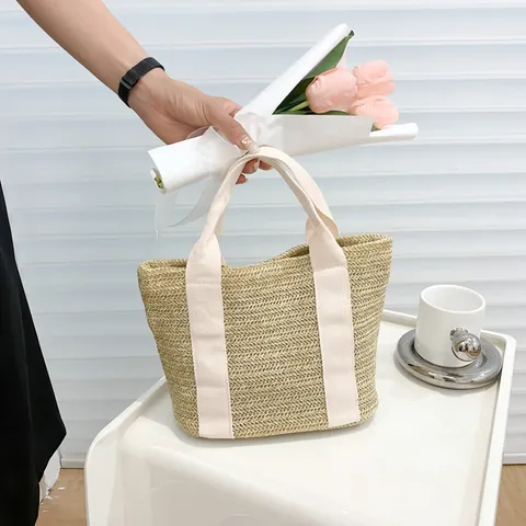 Women Casual Straw Woven Handbag Fashion Beach Tote Bag Small Fresh Style Handwoven Contrast Color Top Handle Bag For Holiday