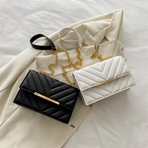Borsa A Spalla Donna Pelle PU Chevron Trapuntata Tracolla Piccola Quadrata Catena Dorata Patta Elegante Trendy