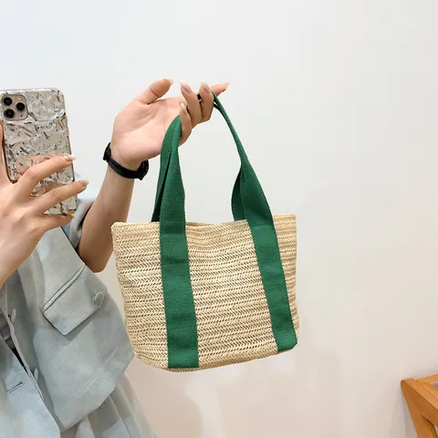 Women Casual Straw Woven Handbag Fashion Beach Tote Bag Small Fresh Style Handwoven Contrast Color Top Handle Bag For Holiday