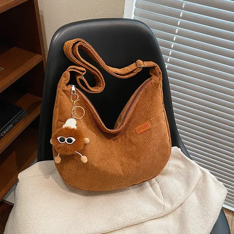 Bolso Hobo de Pana Retro para Mujer Gran Capacidad Bolso de Hombro Casual Con Etiqueta Sport Color Sólido Bolso Bandolera