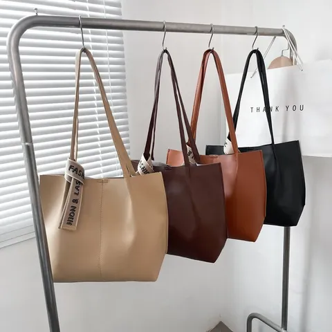 Women Large Capacity Tote Bag Vintage PU Leather Shoulder Handbag Urban Fashion Commuter Bag With Decorative Scarf Ribbon