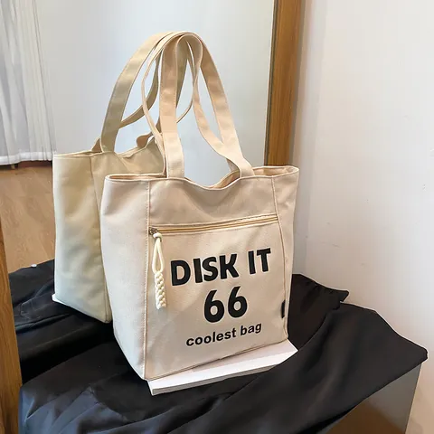 Women Large Capacity Canvas Tote Bag Letter Print Shoulder Bag Japanese Casual School Handbag Zipper Multi-Pocket
