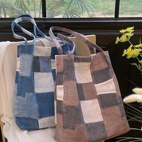 Borsa Tote da Donna in Tela Casual Grande Capacità Patchwork a Tracolla Retro Scozzese Stile Denim Per Studenti Quotidiano