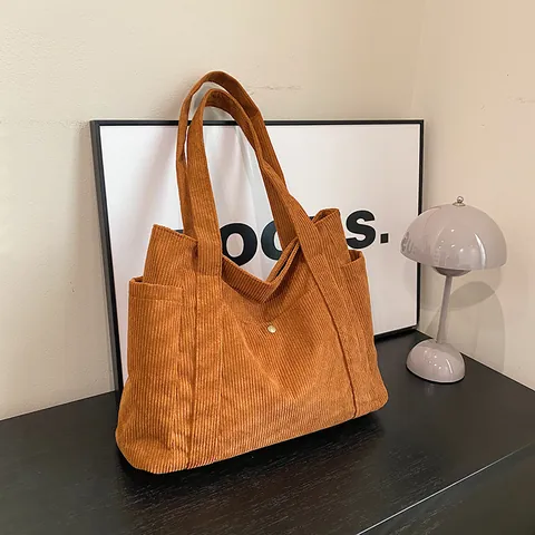 Damen Cord Shopper Große Kapazität Einfarbig Schultertasche Koreanischer Stil Retro Reißverschluss Student Pendler Handtasche