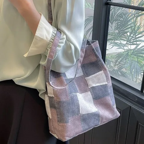 Borsa Tote da Donna in Tela Casual Grande Capacità Patchwork a Tracolla Retro Scozzese Stile Denim Per Studenti Quotidiano