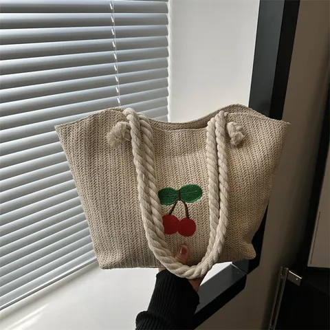 Summer Straw Woven Tote Bag For Women Cherry Embroidery Casual Beach Handbag With Cotton Rope Handle Shoulder Bag