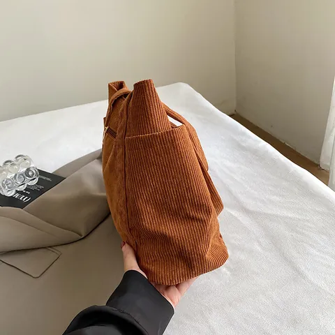 Damen Cord Shopper Große Kapazität Einfarbig Schultertasche Koreanischer Stil Retro Reißverschluss Student Pendler Handtasche
