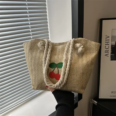 Summer Straw Woven Tote Bag For Women Cherry Embroidery Casual Beach Handbag With Cotton Rope Handle Shoulder Bag