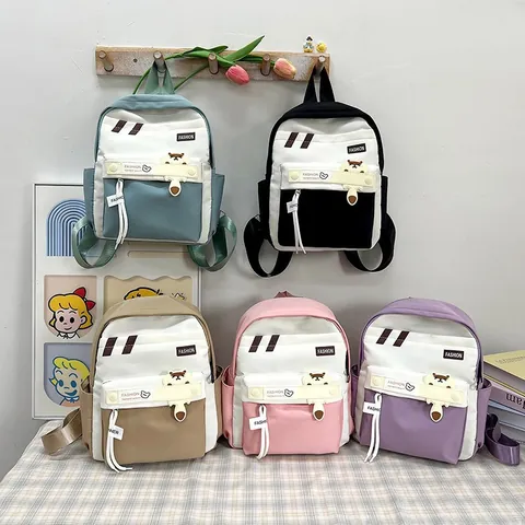 Sac à Dos en Nylon Color Block pour Enfants Sac d'École Grande Capacité Léger Ours de Dessin Animé Sac pour Écoliers Garçons Filles