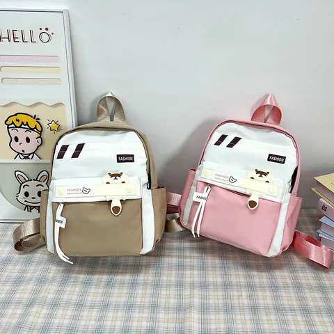 Sac à Dos en Nylon Color Block pour Enfants Sac d'École Grande Capacité Léger Ours de Dessin Animé Sac pour Écoliers Garçons Filles