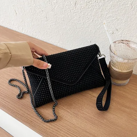 Women Full Rhinestone Envelope Evening Bag With Chain Strap Shoulder Crossbody Bag Sparkly Handbag For Party Wedding Black White