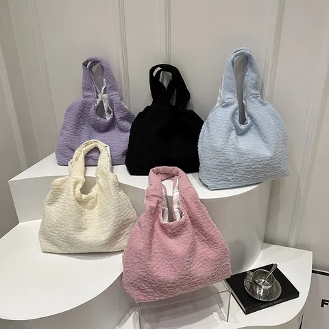 Women Fashion Bubble Texture Tote Bag Pleated Large Capacity Shoulder Bag Popcorn Fabric Lightweight Handbag Casual Underarm Bag