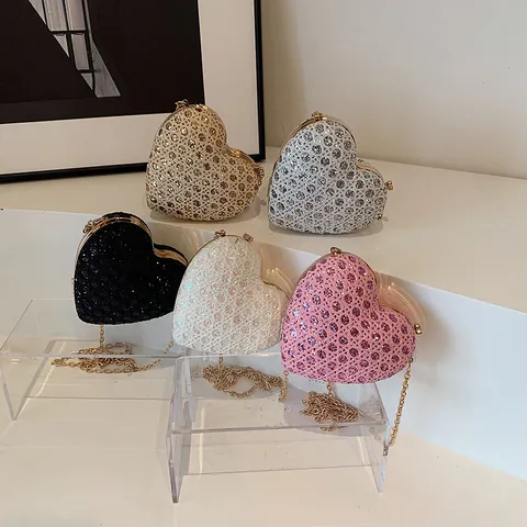 Süße Damen Abendtasche In Herzform Mit Pailletten Und Strass Umhängetasche Mit Kettengurt Party Clutch Handtasche