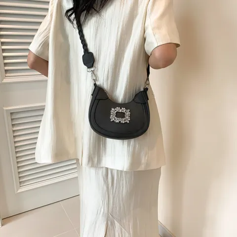 Women's Crescent Hobo Underarm Bag PU Leather Square Rhinestone Buckle Braided Strap Shoulder Bag Elegant Party Handbag Solid Color