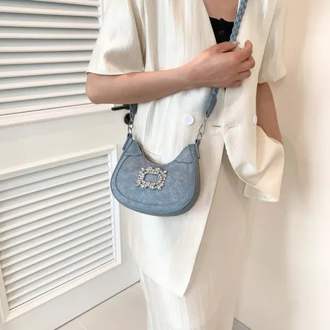 Women's Crescent Hobo Underarm Bag PU Leather Square Rhinestone Buckle Braided Strap Shoulder Bag Elegant Party Handbag Solid Color