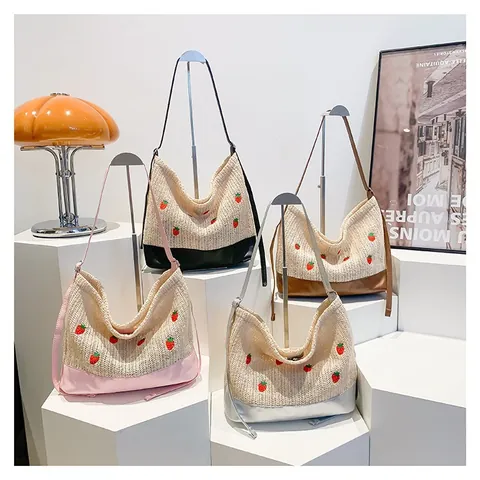 Sommer Damen Strohtasche Mit Erdbeer Stickerei Casual Pastoral Gewebte Schulter Tote Mit PU Leder Patchwork Große Tasche