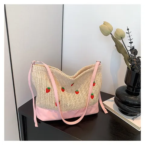 Sommer Damen Strohtasche Mit Erdbeer Stickerei Casual Pastoral Gewebte Schulter Tote Mit PU Leder Patchwork Große Tasche