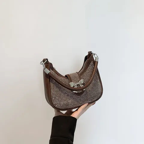 Women Sparkly Rhinestone Underarm Bag Fashion PU Leather Metal Bow Knot Crescent Hobo Shoulder Crossbody Handbag For Evening Party Wedding