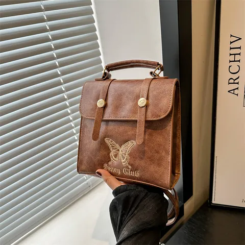 Zaino Vintage da Donna in Pelle PU con Ricamo a Farfalla Borsa a Tracolla Piccola Multifunzionale in Stile Ins Coreano Casuale