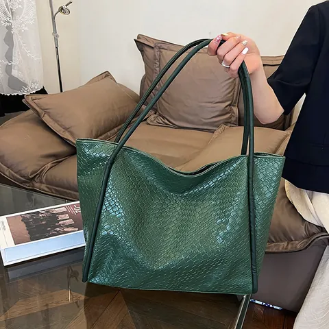 Retro Gewebte PU Leder Große Kapazität Tragetasche Für Damen Einfache Lässige Umhängetasche Täglich Pendeln Einkaufen Handtasche