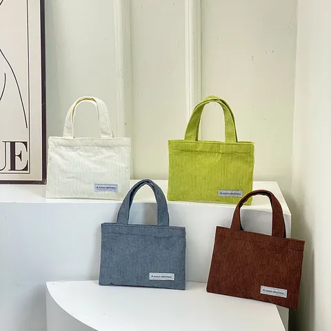 Casual Women's Corduroy Small Tote Handbag Solid Color Minimalist Daily Shopping Mini Square Bag With Letter Label