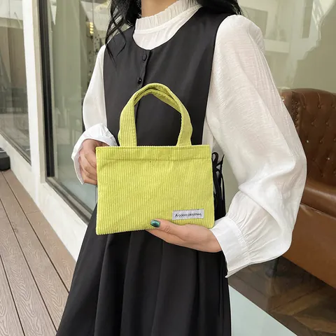 Casual Women's Corduroy Small Tote Handbag Solid Color Minimalist Daily Shopping Mini Square Bag With Letter Label